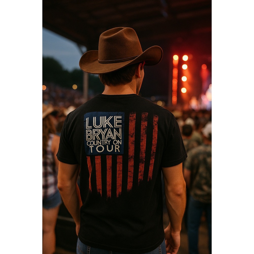 Luke Bryan Country On Tour T-Shirt Black Graphic Print American Flag‎